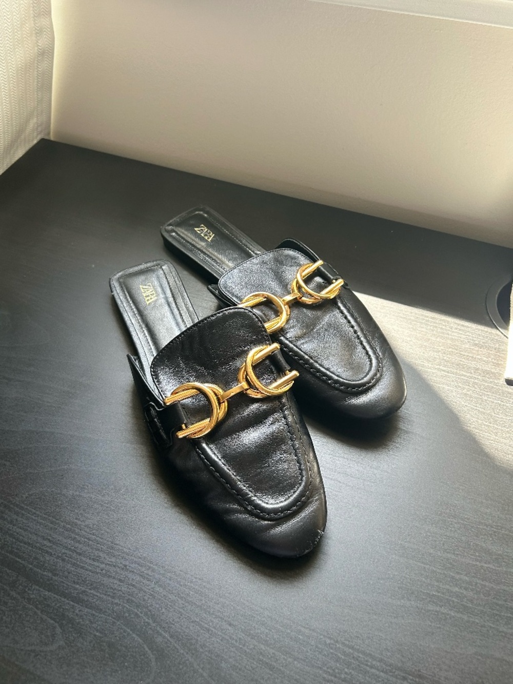 Black Leather Mule Loafer with Gold Hardware